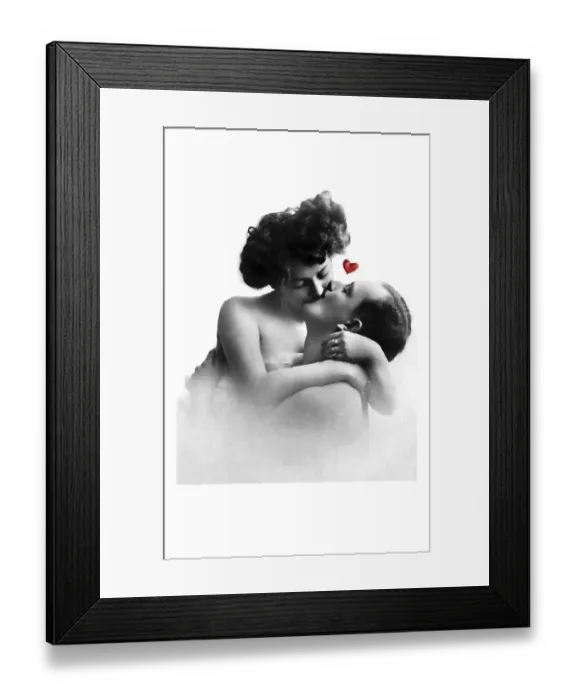 Framed Print : Man and woman kissing in a tender embrace with heart Framed Print : Man and woman kissing in a tender embrace with heart