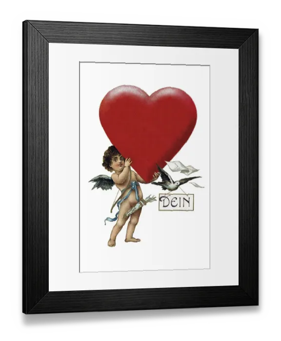 Framed Print : Cupid holding a big red heart, nostalgic Valentine's Day postcard motive