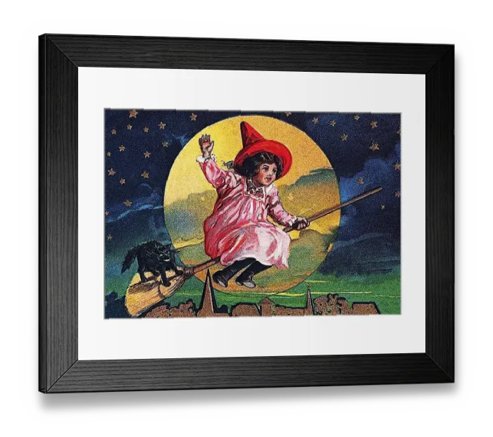 Framed Print : Little Witch, girl flying on a broomstick