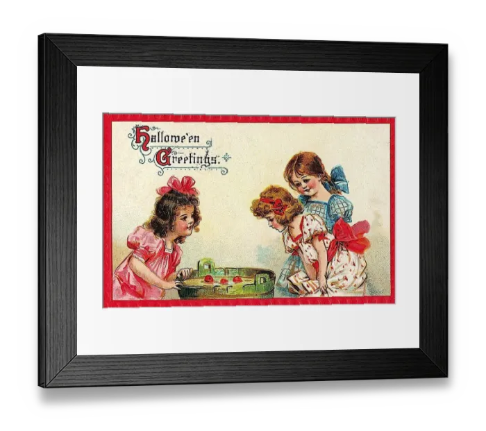 Framed Print : Girl playing apple bobbing, apples in a barrel with water