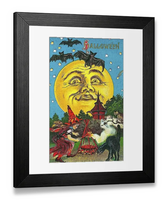 Framed Print : Witch dancing around a fire, black cat Framed Print : Witch dancing around a fire, black cat
