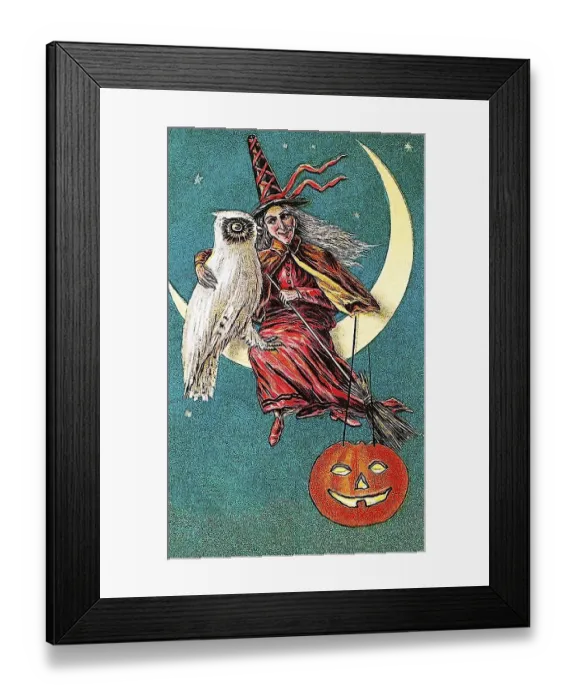 Framed Print : Witch sitting on the moon with a carved pumpkin or Jack-o-lantern
