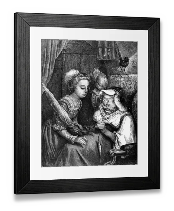 Framed Print : Sleeping Beauty with spindle and old woman