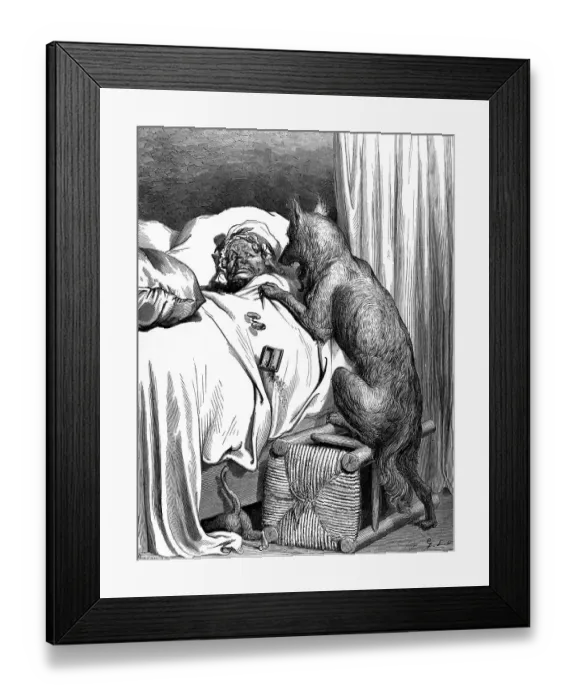 Framed Print : Little Red Riding Hood, grandmother in bed is attacked by the wolf Framed Print : Little Red Riding Hood, grandmother in bed is attacked by the wolf