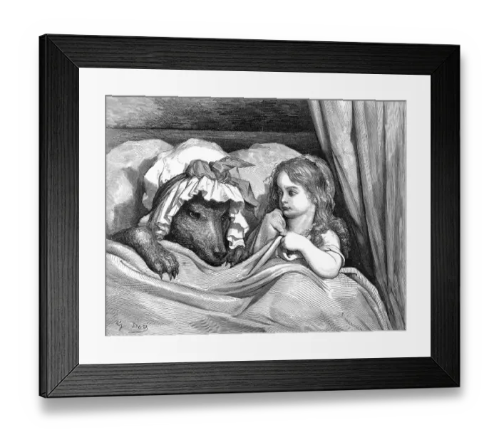 Framed Print : Little Red Riding Hood, wolf with a nightcap as a grandmother in bed