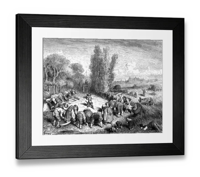 Framed Print : Be Puss in Boots, cat and peasants bowing in the field Framed Print : Be Puss in Boots, cat and peasants bowing in the field
