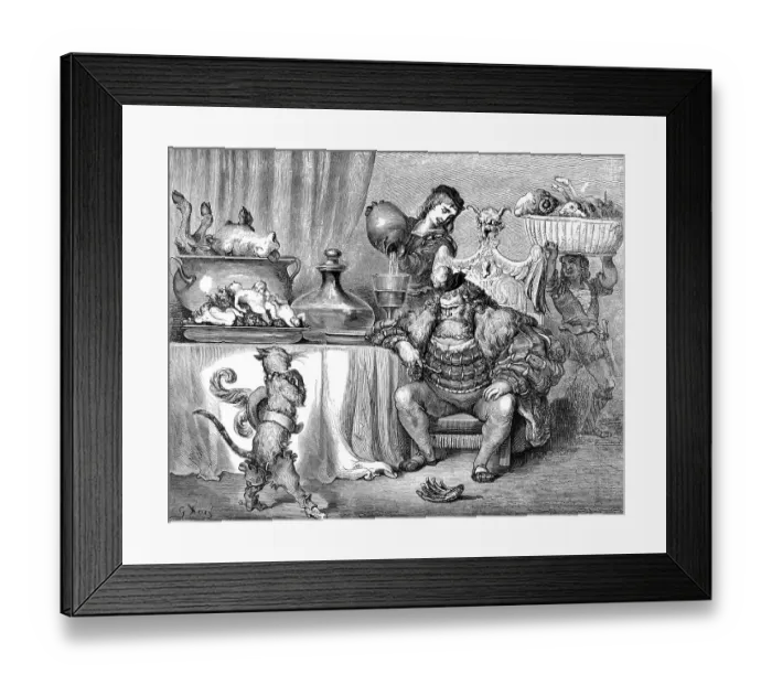 Framed Print : Puss in Boots, king with a beard and servant with delicious dishes in the castle