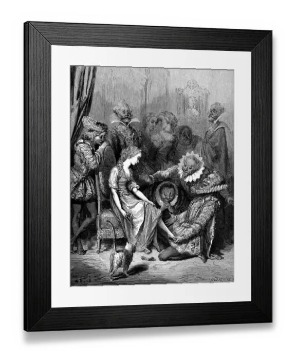 Framed Print : Cinderella, girl trying on shoes that fit her