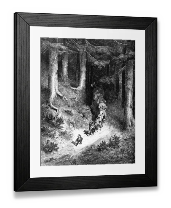 Framed Print : The Tom Thumb, boy and his six brothers in the dark forest