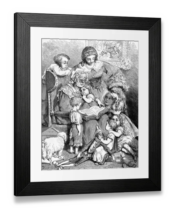 Framed Print : Grandmother reading to children from storybook