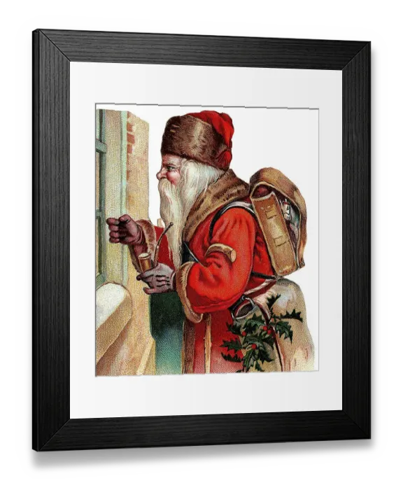 Framed Print : Santa Claus with pipe and bag full of gifts at the window Framed Print : Santa Claus with pipe and bag full of gifts at the window