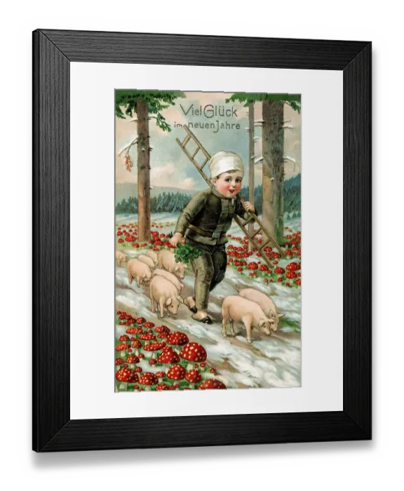 Framed Print : Boy carrying ladder and holding cloverleaves