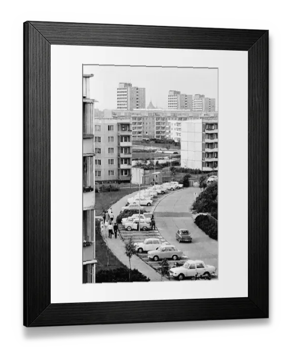 Framed Print : View on Roentgenstrasse with typical houses of the new district Rostock-Suedstadt