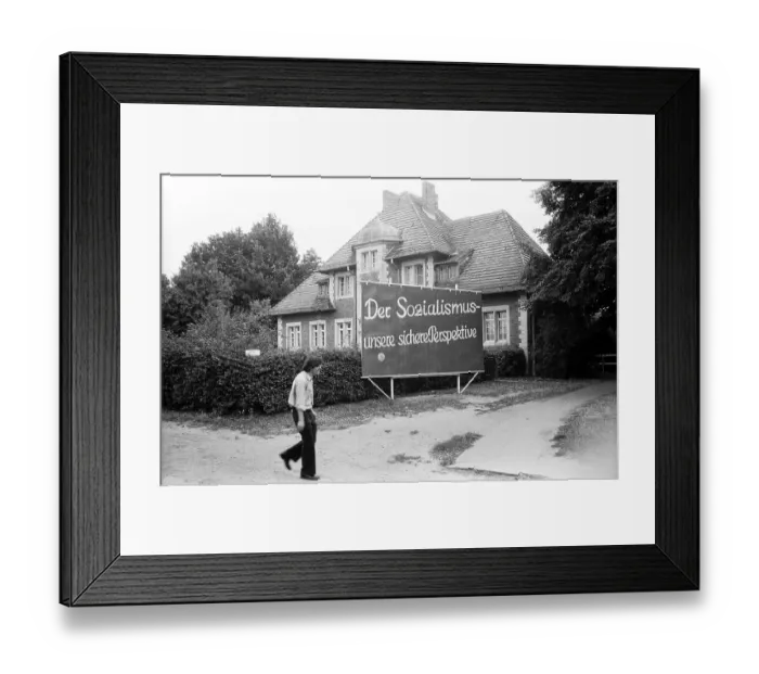 Framed Print : Agitation board in front of a building of the hospital Buch