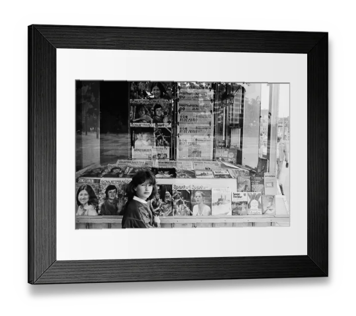 Framed Print : Girl in front of a kiosk of the Post-Zeitung Vertriebes PZV of the GDR in Dunkerstrasse Framed Print : Girl in front of a kiosk of the Post-Zeitung Vertriebes PZV of the GDR in Dunkerstrasse