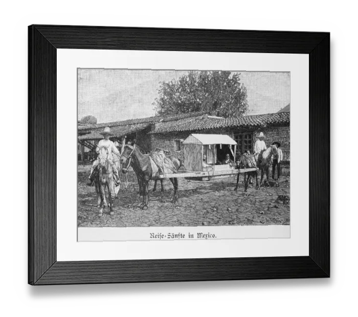 Framed Print : Travel sedan chair, horses, pavement