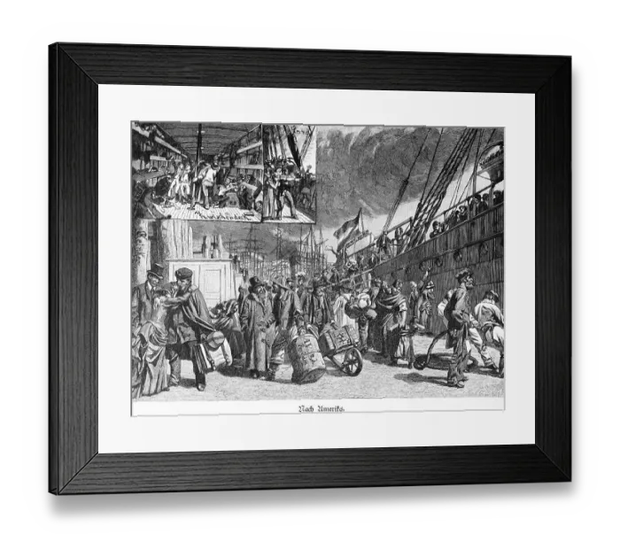 Framed Print : German emigrants to America, harbour