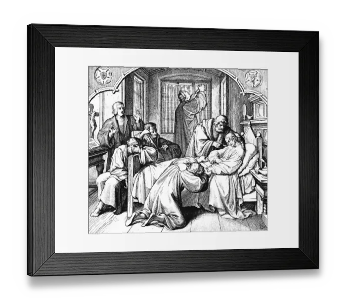 Framed Print : Martin Luther praying at the bedside of the sick Melanchton