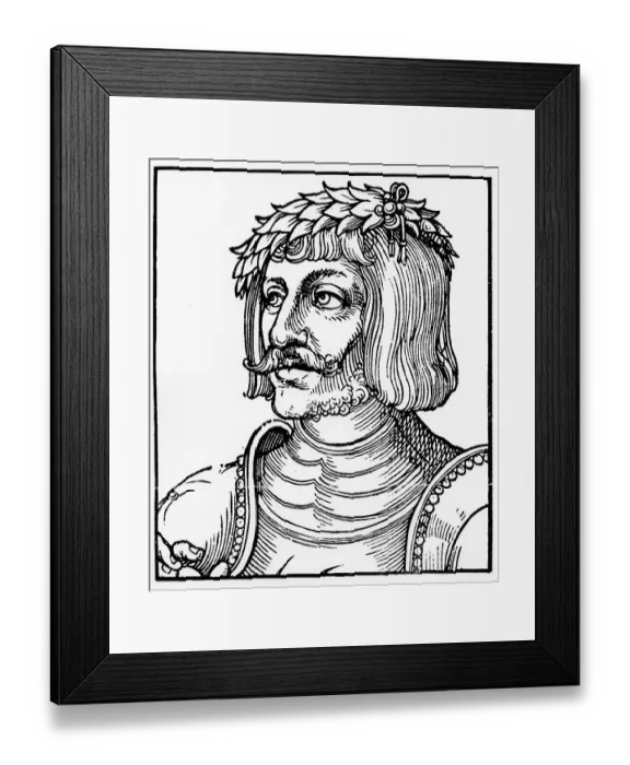 Framed Print : Ulrich von Hutten, 1488-1523, historical wood carving by Erhard Schoen