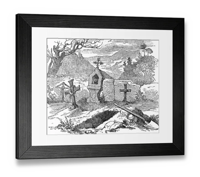 Framed Print : Cemetery with an open grave, engraving Framed Print : Cemetery with an open grave, engraving