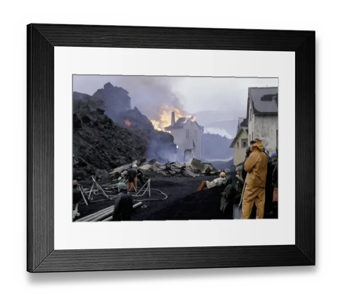 Framed Print : Volcanic eruption, building on fire Framed Print : Volcanic eruption, building on fire