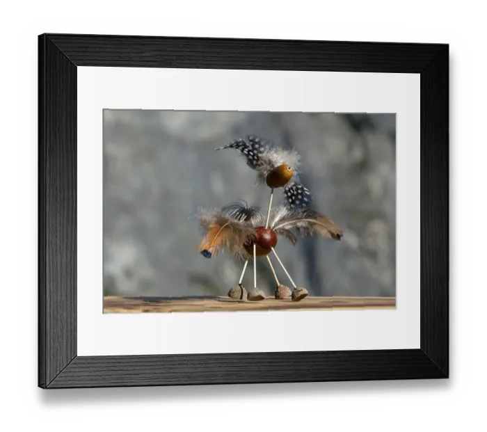 Framed Print : Bird, funny animal figure made of chestnuts and acorns