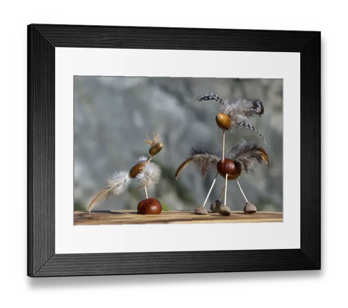 Framed Print : Two birds, funny animal figures made of chestnuts and acorns