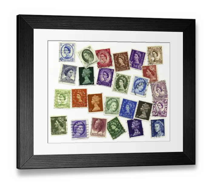 Framed Print : Stamped stamps from Great Britain and the Commonwealth with Queen Elizabeth II of England Framed Print : Stamped stamps from Great Britain and the Commonwealth with Queen Elizabeth II of England