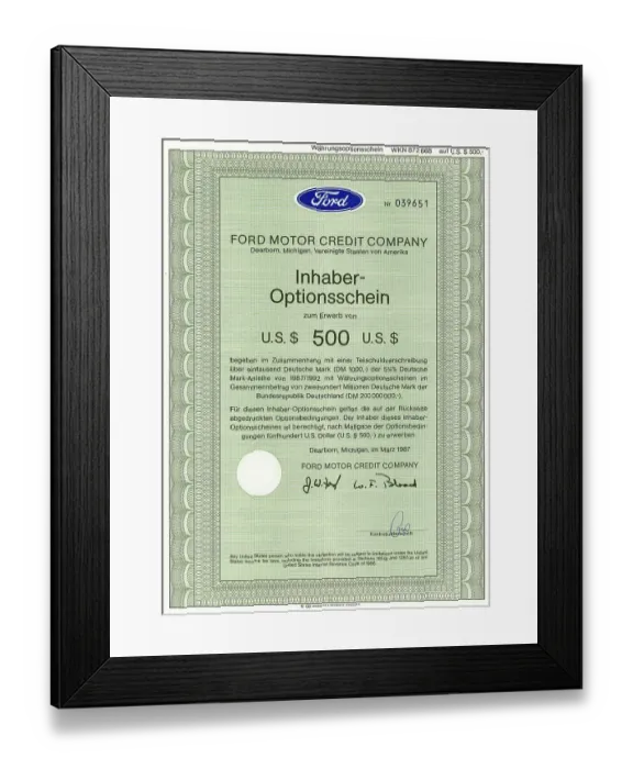 Framed Print : Bearer warrants for shares of the Ford Motor Credit Company for $ 500 Framed Print : Bearer warrants for shares of the Ford Motor Credit Company for $ 500