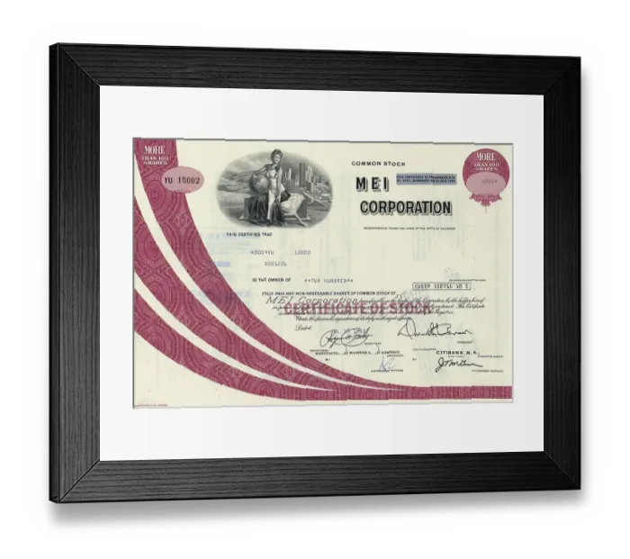 Framed Print : Historic share certificate, MEI Corporation