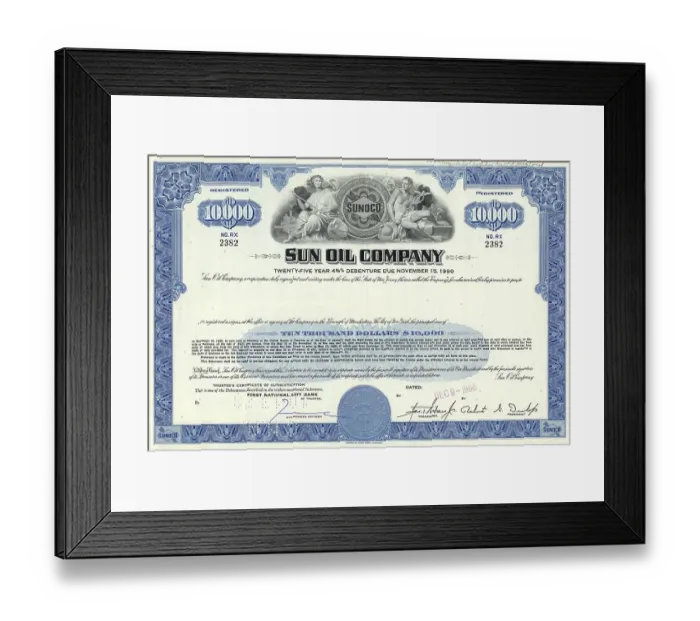 Framed Print : Historical stock certificate of an oil and gas company Framed Print : Historical stock certificate of an oil and gas company