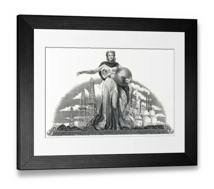 Framed Print : Detail of the illustration in the vignette of a historical stock certificate of an oil and gas company Framed Print : Detail of the illustration in the vignette of a historical stock certificate of an oil and gas company