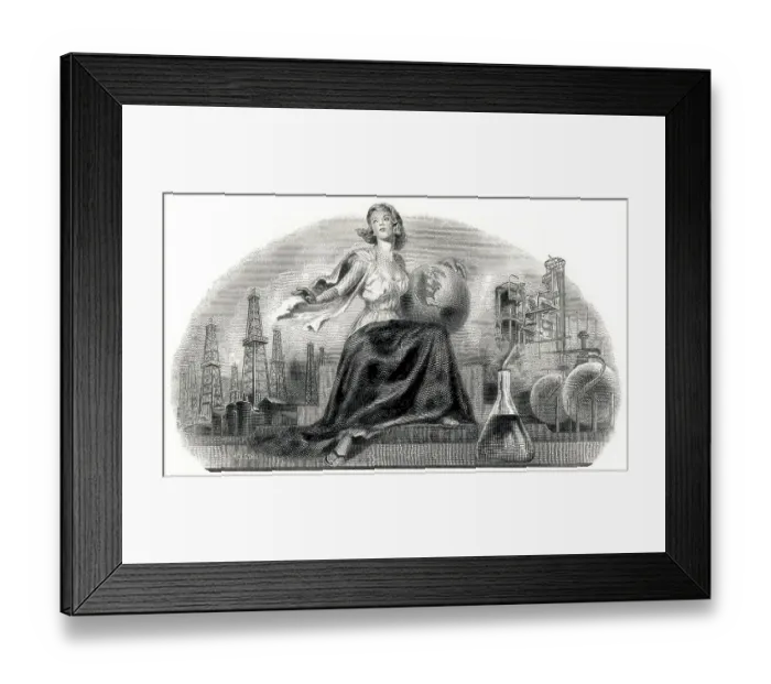 Framed Print : Historic stock certificate, image of a young woman holding a globe