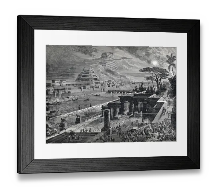 Framed Print : Tower of Babel, fall of Babylon with the Babylonian confusion of languages Framed Print : Tower of Babel, fall of Babylon with the Babylonian confusion of languages