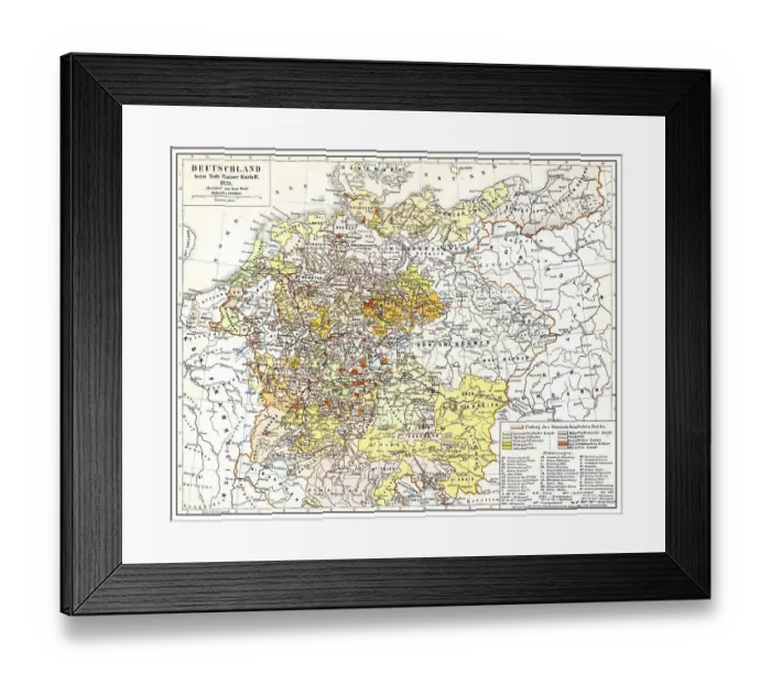 Framed Print : Historical map of Germany and Europe after the death of Emperor Charles IV