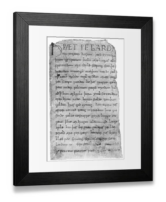 Framed Print : Historical print, manuscript, cover page from Beowulf Framed Print : Historical print, manuscript, cover page from Beowulf