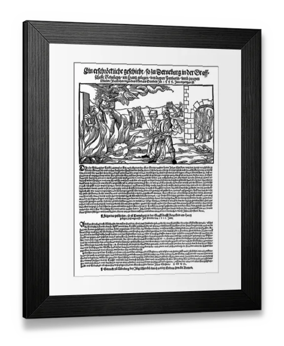 Framed Print : Historical pamphlet for a witch burning from 1555