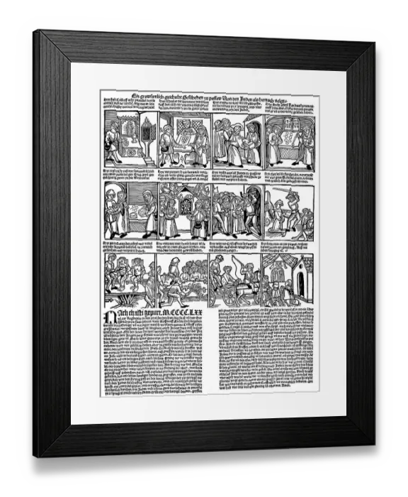 Framed Print : Historical pamphlet, 1480, from the alleged theft of the Host by the Jews of Passau