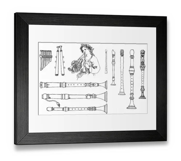 Framed Print : Historical drawing, various forms of old woodwind instruments Framed Print : Historical drawing, various forms of old woodwind instruments