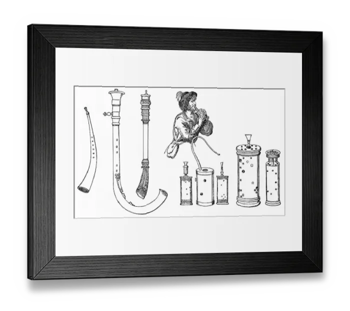 Framed Print : Historical drawing, various form of ancient woodwind instruments Framed Print : Historical drawing, various form of ancient woodwind instruments