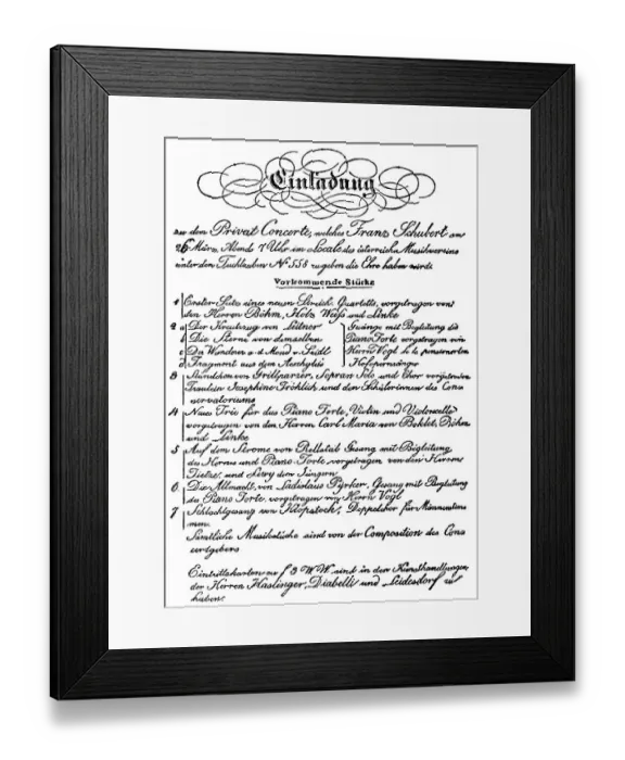 Framed Print : Historic invitation to the only concert of Franz Peter Schubert Framed Print : Historic invitation to the only concert of Franz Peter Schubert
