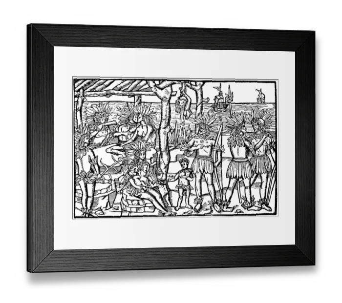 Framed Print : Historic drawing, facsimile of a contemporary image showing Native Americans as cannibals