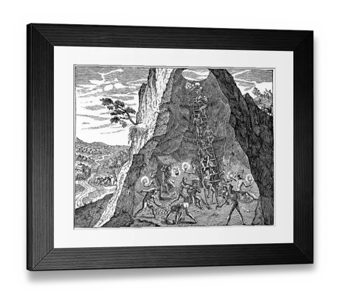 Framed Print : Historic drawing, a gold mine of Native Americans in America