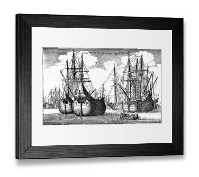 Framed Print : Historic drawing, Dutch merchant ships in the harbor