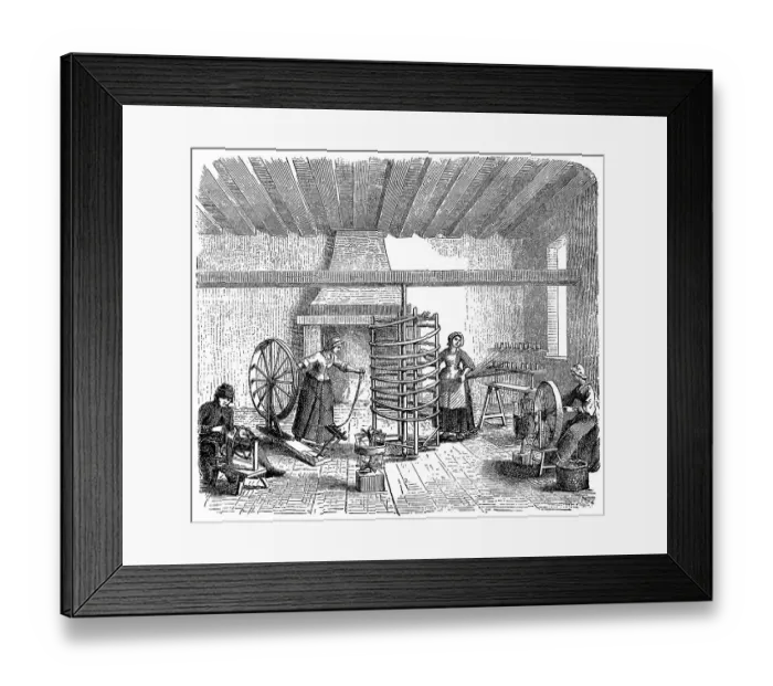 Framed Print : Historic drawing, an English family spinning and reeling