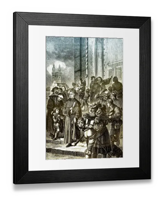 Framed Print : Martin Luther hammering his 95 theses to the door of the Castle Church in Wittenberg Framed Print : Martin Luther hammering his 95 theses to the door of the Castle Church in Wittenberg