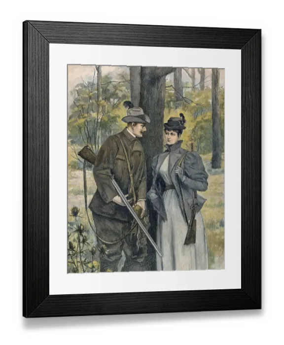 Framed Print : A man and a woman, hunters with guns