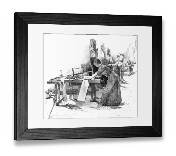 Framed Print : Female carpenter, ca. 1900, woodcut