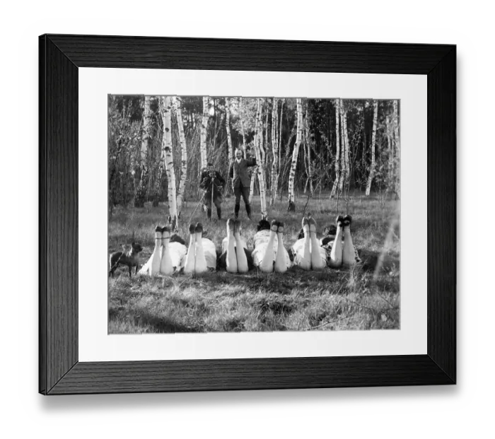 Framed Print : Man is photographing six women in a beech forest