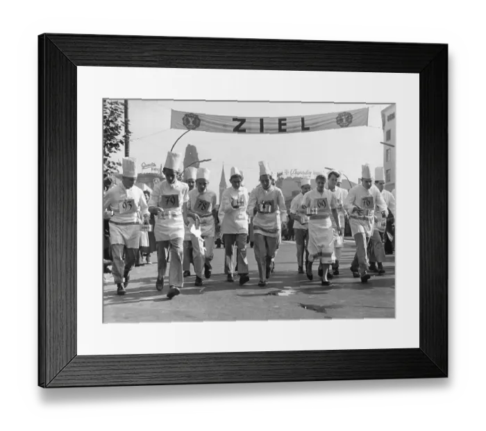 Framed Print : Chefs at the race with cooking pots in hand